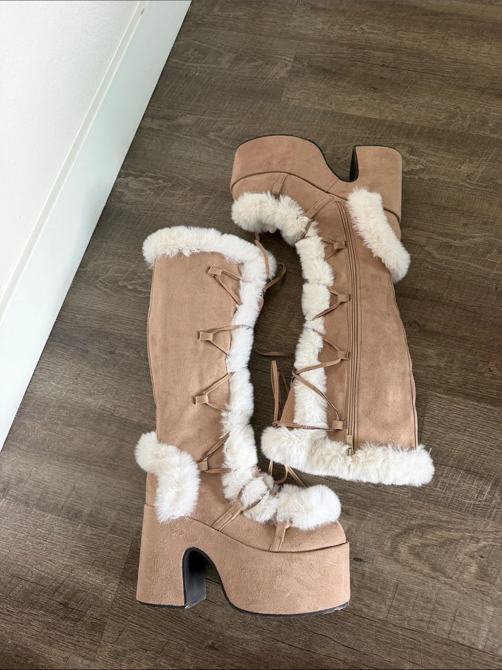 Faux Fur Trim Knee-High Platform Boots - Taupe